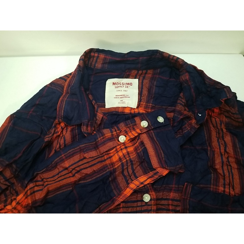 Mossimo Supply Co Mens XXL Plaid Flannel Shirt Navy Orange Boyfriend Fit Lng Slv